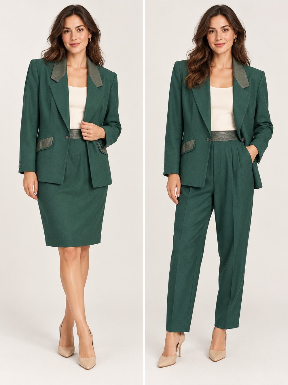 Vintage Allure Deep Green Wool Blazer & Convertible Skirt-to-Pant Suit Size 10